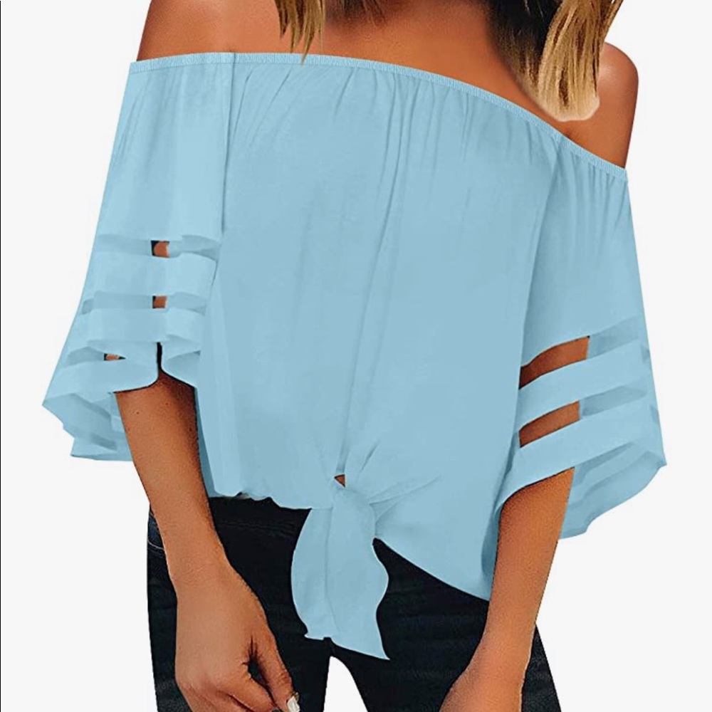 Off The Shoulder 3/4 Bell Sleeve Mesh Tie Knot Top